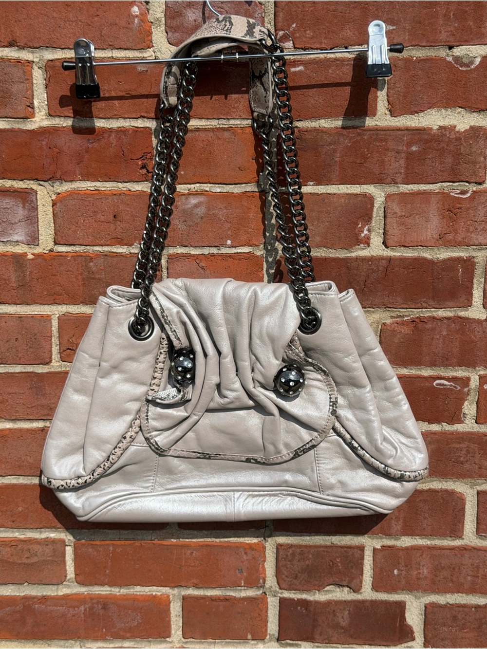 Betsy Johnson Soft Ruched Leather Shoulder Bag in Light Gray